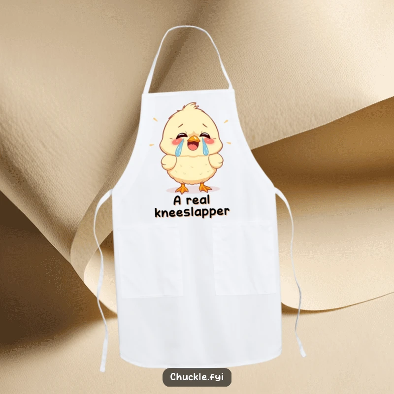 Funny apron featuring a fluffy chick cracking up, tears of joy streaming, adding a humorous touch to cooking and baking.