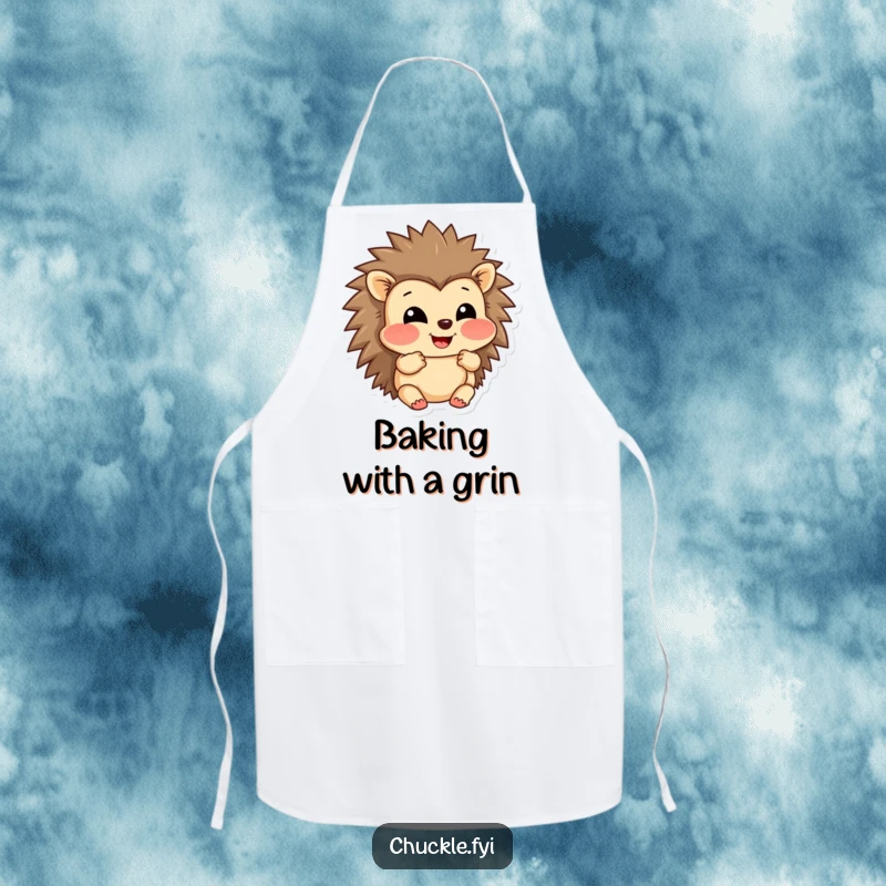 Funny apron featuring a grinning hedgehog character puffing out its cheeks in amusement, designed for kitchen enjoyment.