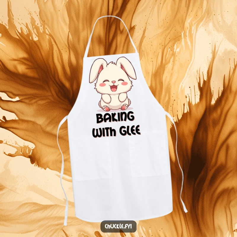 Funny apron with a fluffy bunny character giggling uncontrollably, ears flopped over in delight. Kitchen silliness.