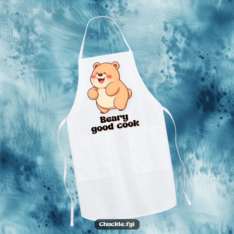Funny Chubby Bear Apron depicting a bear with a wide grin, rolling on its back with pure glee while cooking.