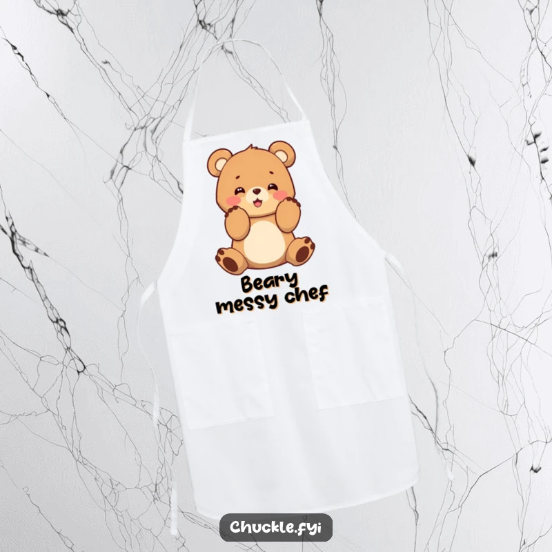 Humorous kitchen apron showcasing a funny bear cub character clapping its paws with excitement.