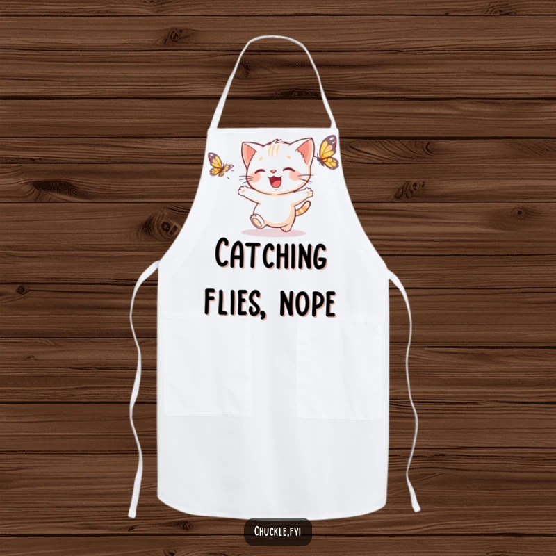 Funny kitten butterfly apron showing a delighted kitten chasing a fluttering butterfly, a cute funny kitchen gift.
