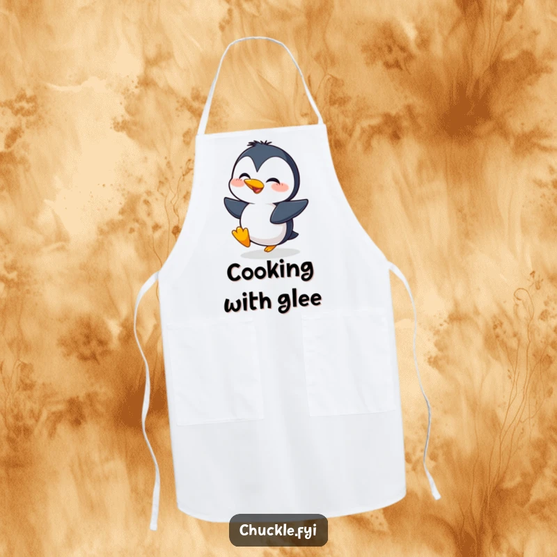 Funny cooking apron featuring a giggling penguin character waddling enthusiastically, ready to bring laughter to the kitchen.