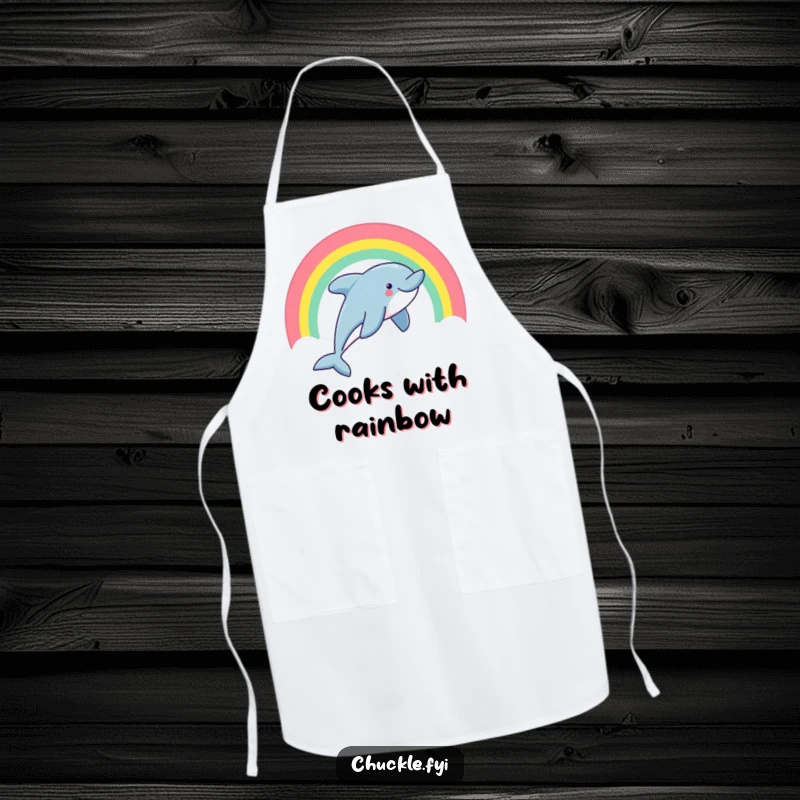 Funny dolphin apron with a smiling dolphin leaping through a rainbow arc, great for cooking fun.