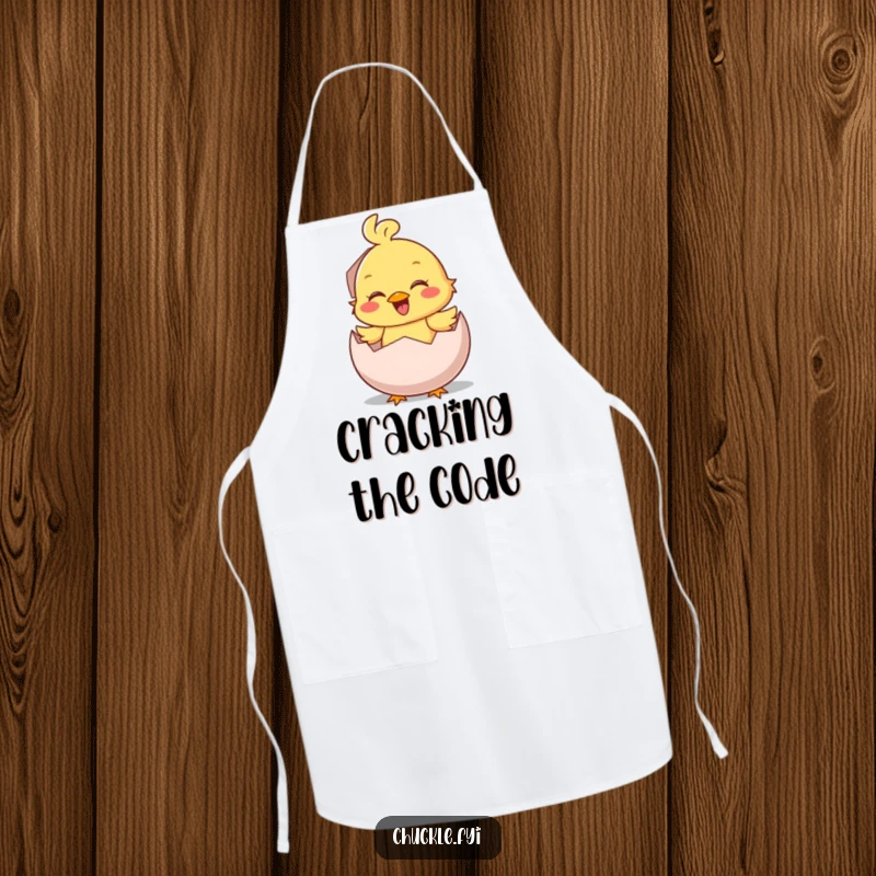 Funny Apron: A smiling chick character hatches from an egg with a loud chirp, perfect for cheerful cooking.