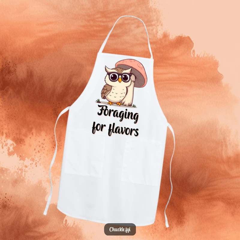 Funny Owl Apron: A happy owl wearing spectacles, observing a giant mushroom, perfect for adding intellectual humor to the kitchen.