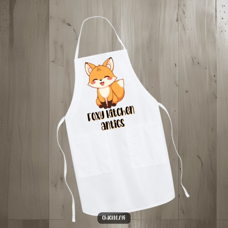 Humorous kitchen apron featuring a funny giggling fox with its tail wagging in delight.