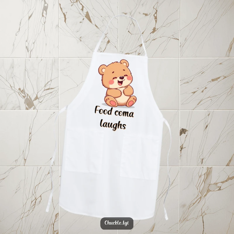 Funny apron featuring a little bear cub giggling uncontrollably, holding its belly, adding a humorous touch to cooking and baking.