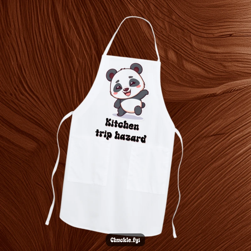 Funny bumbling panda apron depicting a clumsy panda stumbling with a goofy grin, suitable for a funny kitchen gift.