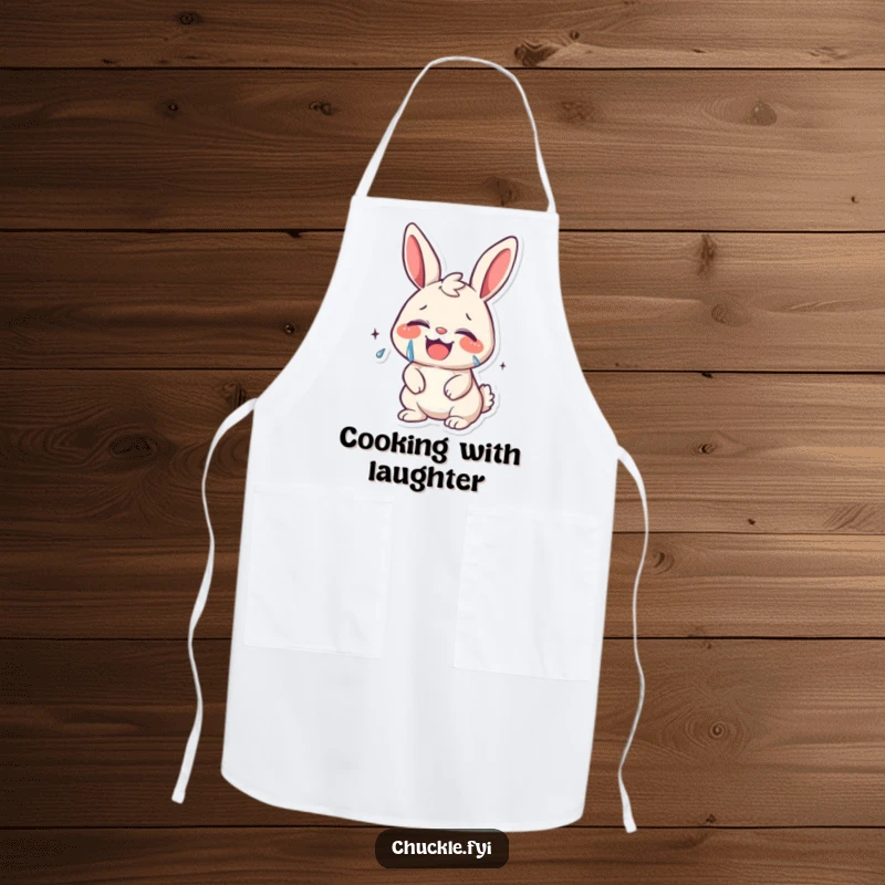 Funny kawaii bunny giggling uncontrollably, tears of joy streaming, on a practical and humorous kitchen apron.