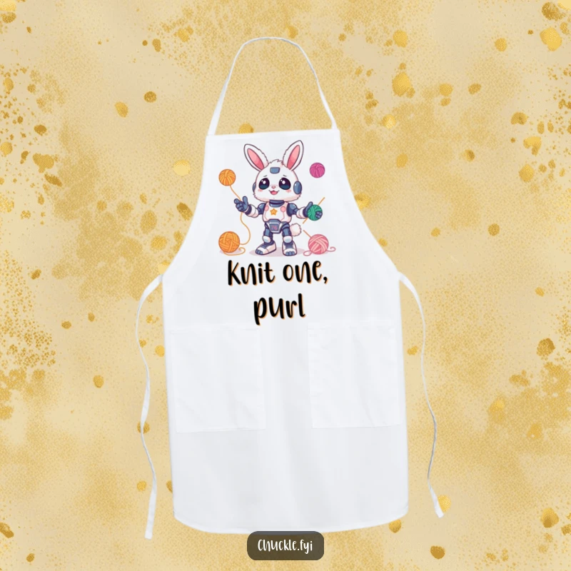 Funny Apron of a fluffy bunny robot gleefully juggling colorful yarn balls, perfect for crafting fun. Durable and amusing wear.