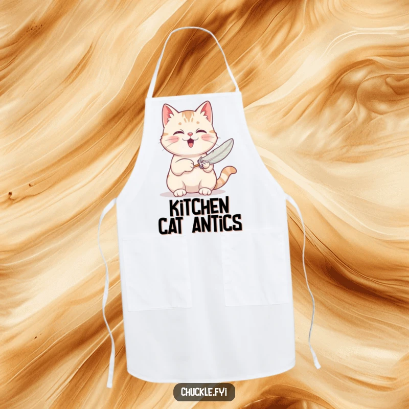 Funny apron featuring a contented cat purring loudly while batting a feather toy, designed for kitchen enjoyment and humor.