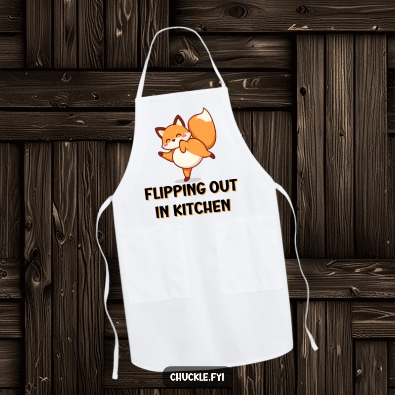 Funny fox apron showing a playful fox performing a joyful cartwheel, ideal for adding humor to cooking.