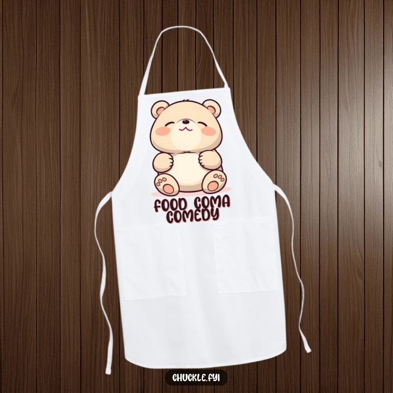 Funny Kawaii bear apron showing a cute bear laughing uncontrollably, holding its stomach tightly, eyes closed, ready for kitchen chaos.