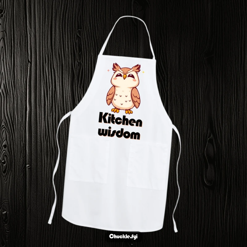 Funny Kawaii owl apron showing a cute owl tilting its head back, joyfully hooting, perfect for a wise and fun kitchen.