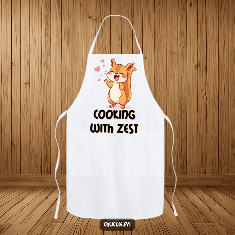 Funny Kawaii squirrel apron showing a cute squirrel chattering excitedly, jumping with amusement, perfect for kitchen fun.