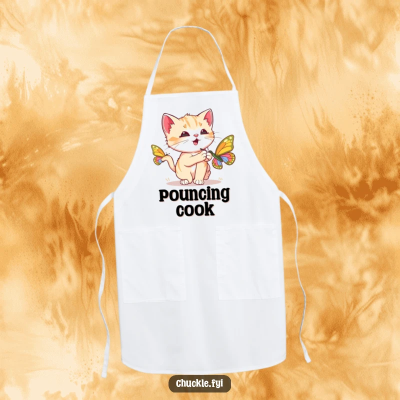 Funny Kitten Apron showing a curious kitten chasing a butterfly and purring loudly, adding humor to the kitchen, a fantastic funny gift.