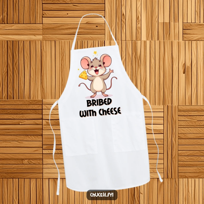 Funny kitchen apron featuring a delighted mouse character doing a celebratory jig with cheese, ready for tasty creations.