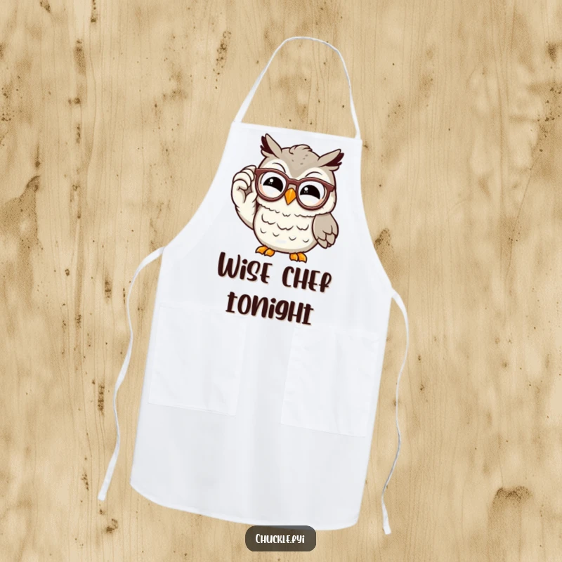 Funny owl apron featuring a wise, chuckling cartoon character adjusting its spectacles with a knowing grin, perfect for kitchen wisdom.