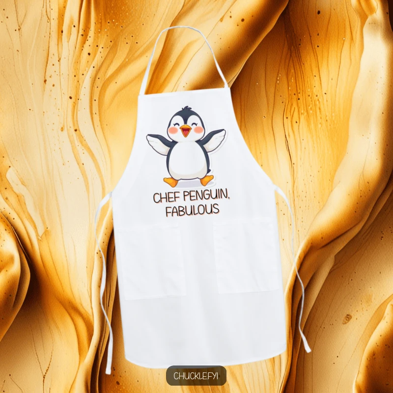 Funny penguin apron with a joyful penguin waddling with wings spread wide, ideal for cooking.