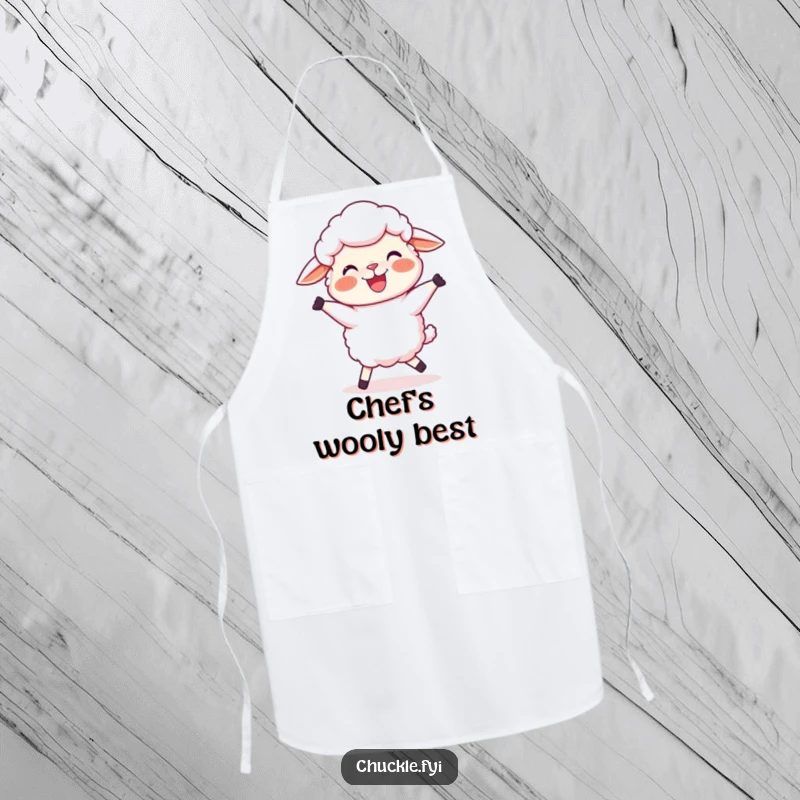 Funny Sheep Apron with a joyful cartoon sheep, rosy cheeks, doing a silly, wobbly dance, ideal for kitchen fun.