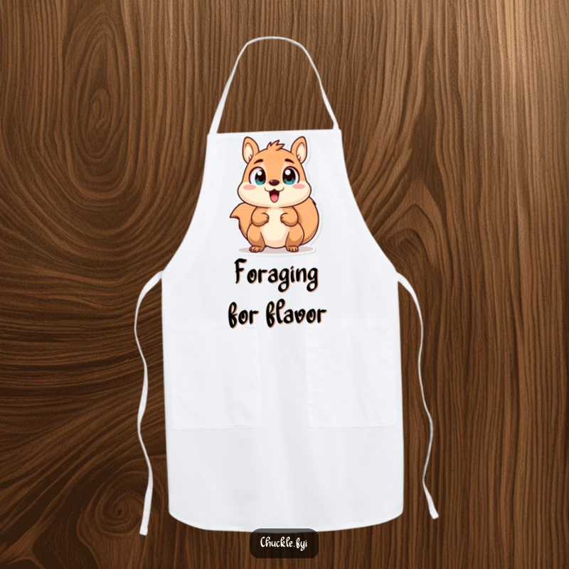 Funny apron with a chattering squirrel character with wide, excited eyes, ready for energetic culinary adventures.