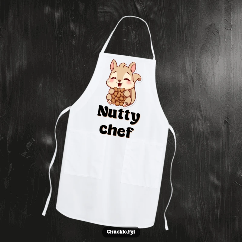 Funny Squirrel Apron showing a happy squirrel with a mouth full of nuts, looking amused, adding humor to the kitchen, a fantastic funny gift.