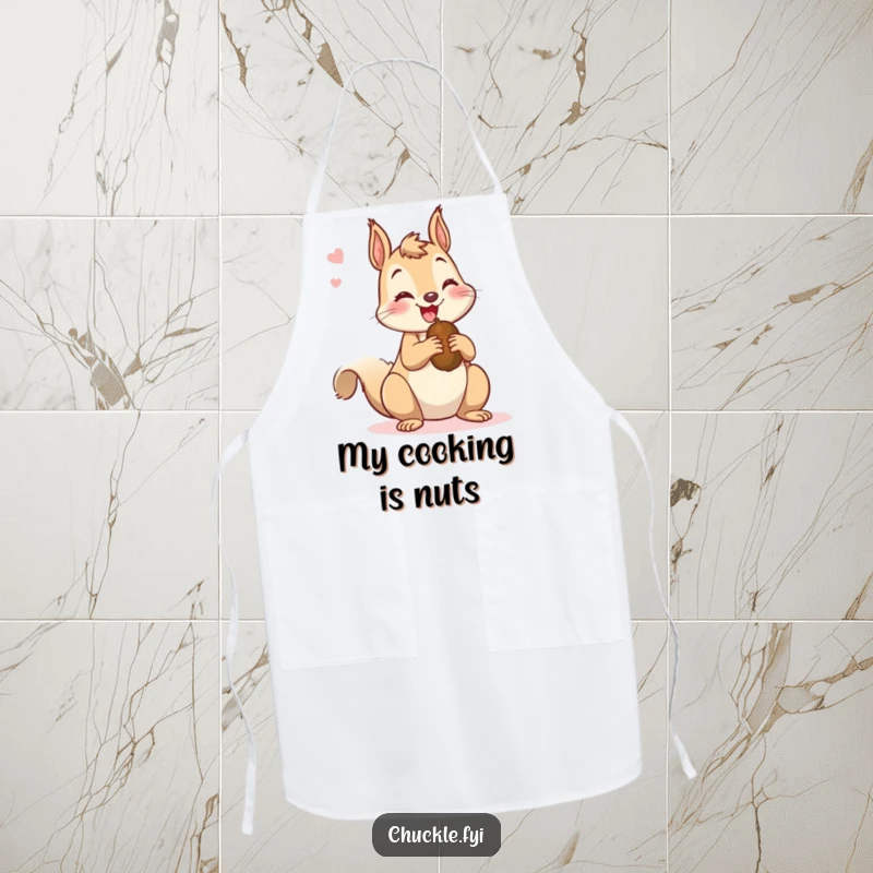 Funny apron featuring a mischievous squirrel chattering happily while holding a nut, adding a humorous and energetic touch to cooking.