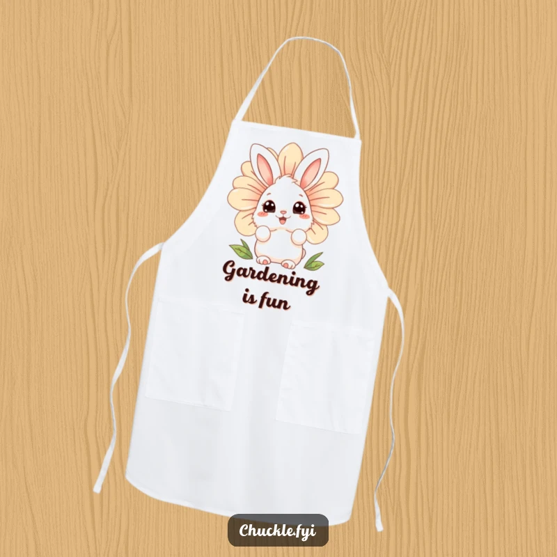 Funny fluffy bunny apron character with wide, curious eyes, peeking from behind a giant, laughing flower, for delightful cooking.