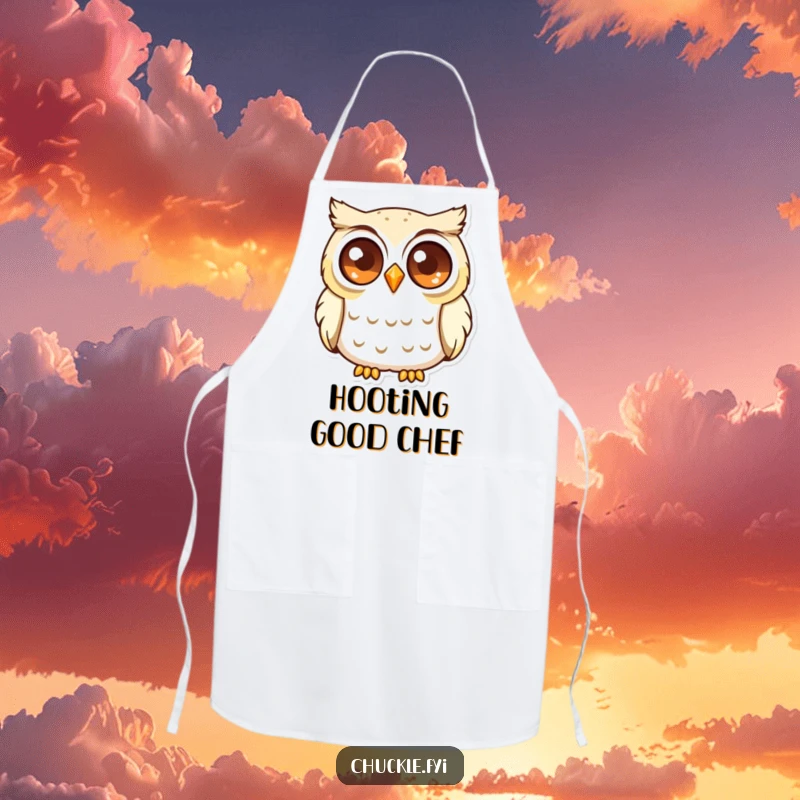 Funny Curious Owl Apron depicting a wise owl with sparkling eyes, softly chuckling while cooking with a knowing smile.