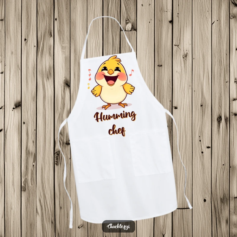 Funny Bird Apron with a happy little cartoon bird, massive grin, singing a joyful tune, ideal for kitchen fun.
