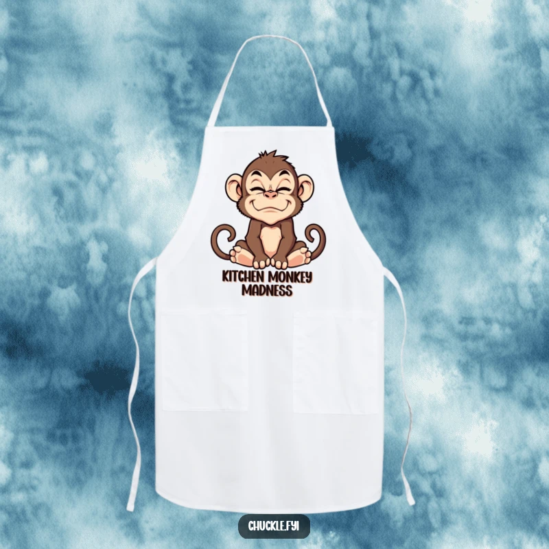 Humorous kitchen apron showcasing a funny monkey making a ridiculous facial grimace.
