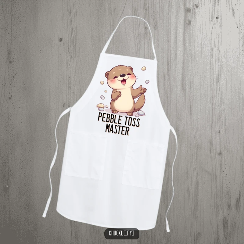 Funny otter juggling shiny pebbles on a kitchen apron, a humorous and practical cooking accessory.