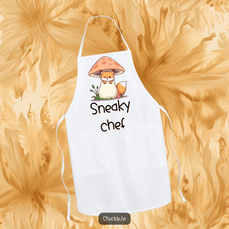 Funny Fox Apron showing a playful fox peeking from behind a chuckling mushroom, adding humor to the kitchen, a fantastic funny gift.