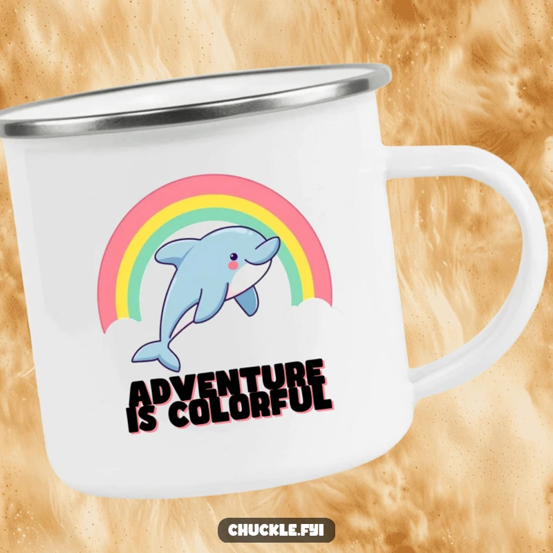 Funny dolphin camping mug with a smiling dolphin leaping through a rainbow, ideal for outdoor use.