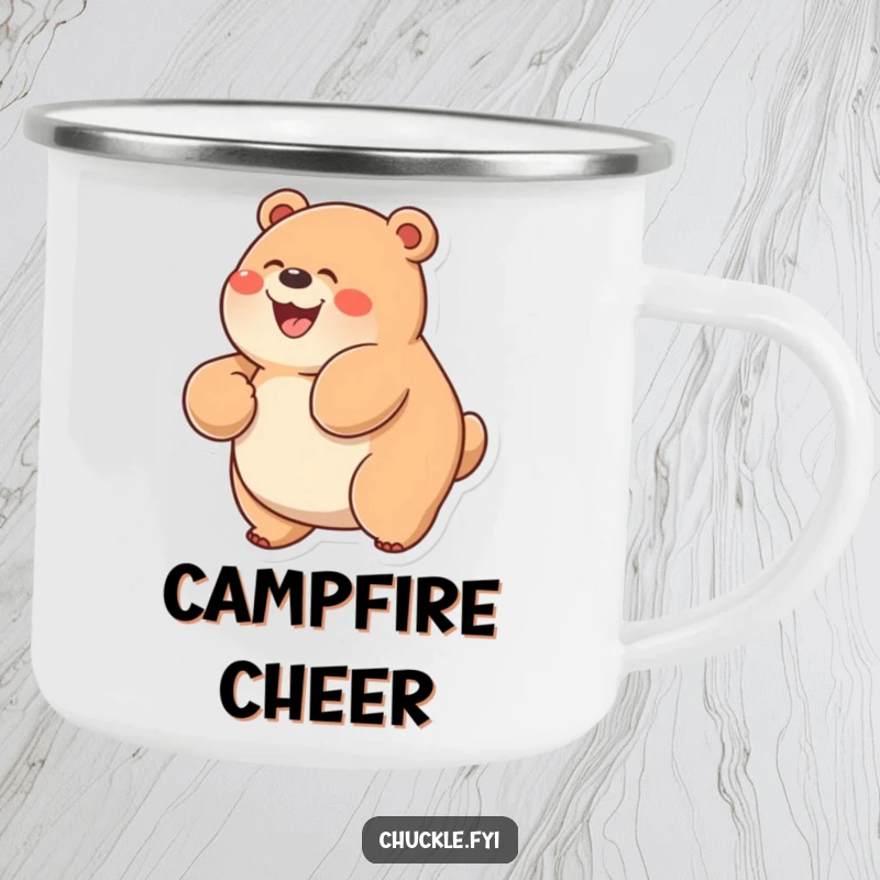 Funny Chubby Bear Camping Mug with a wide-grinning bear rolling on its back with unrestrained glee, outdoor fun.