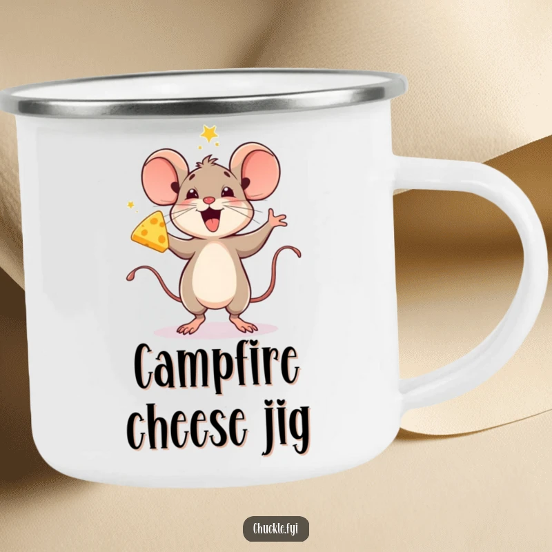 Funny camping mug featuring a delighted mouse doing a celebratory jig with cheese, ready for outdoor adventures.