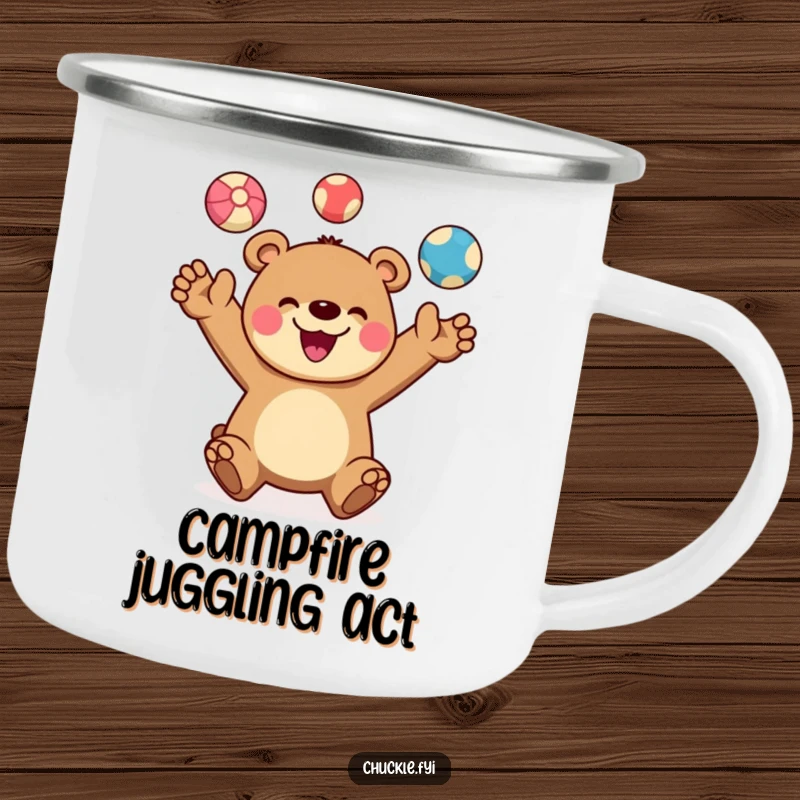 Funny camping mug with a cheerful bear character joyfully juggling three colorful balls, a wide smile on its face. Outdoor fun.