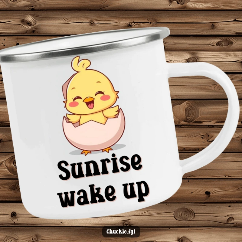 Funny Camping Mug: A smiling chick character hatches from an egg with a chirp, designed for cheerful outdoor enjoyment.