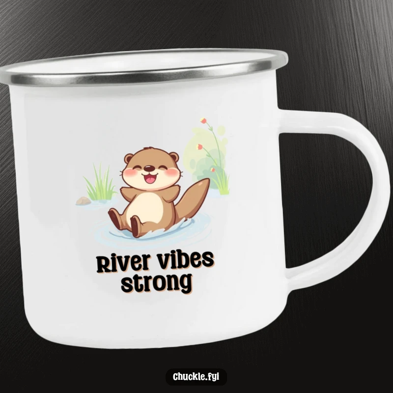 Funny Camping Mug: A joyful otter character gleefully slides down a riverbank, designed for fun outdoor enjoyment.