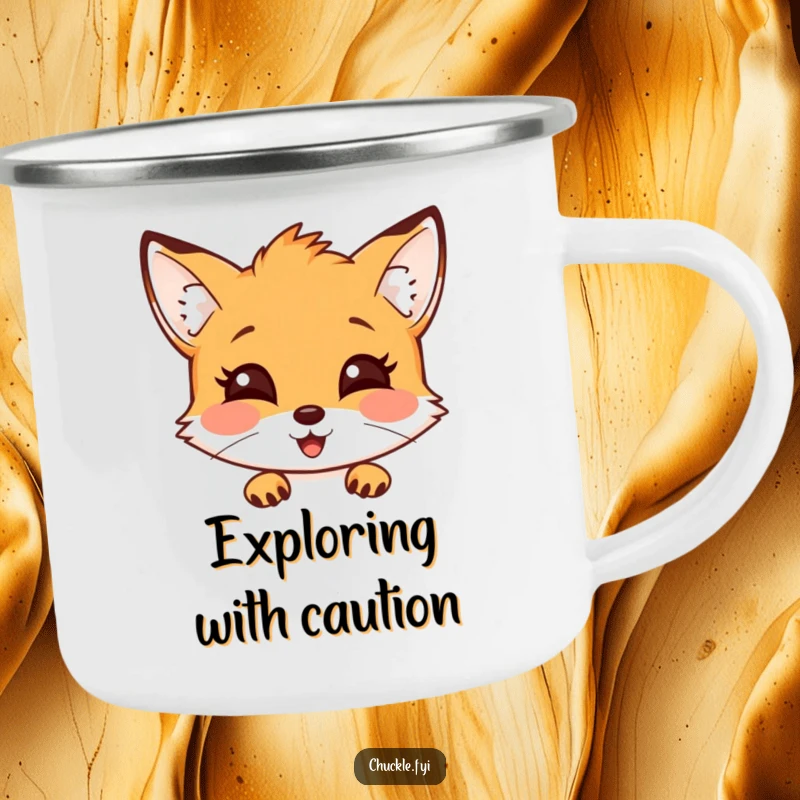 Funny fox camping mug with a curious fox peeking out with a delighted expression, built for outdoors.