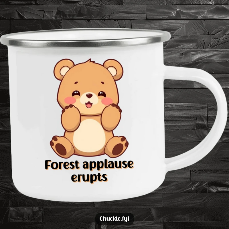 Durable camping mug featuring a funny bear cub clapping its paws, perfect for outdoor enthusiasts.