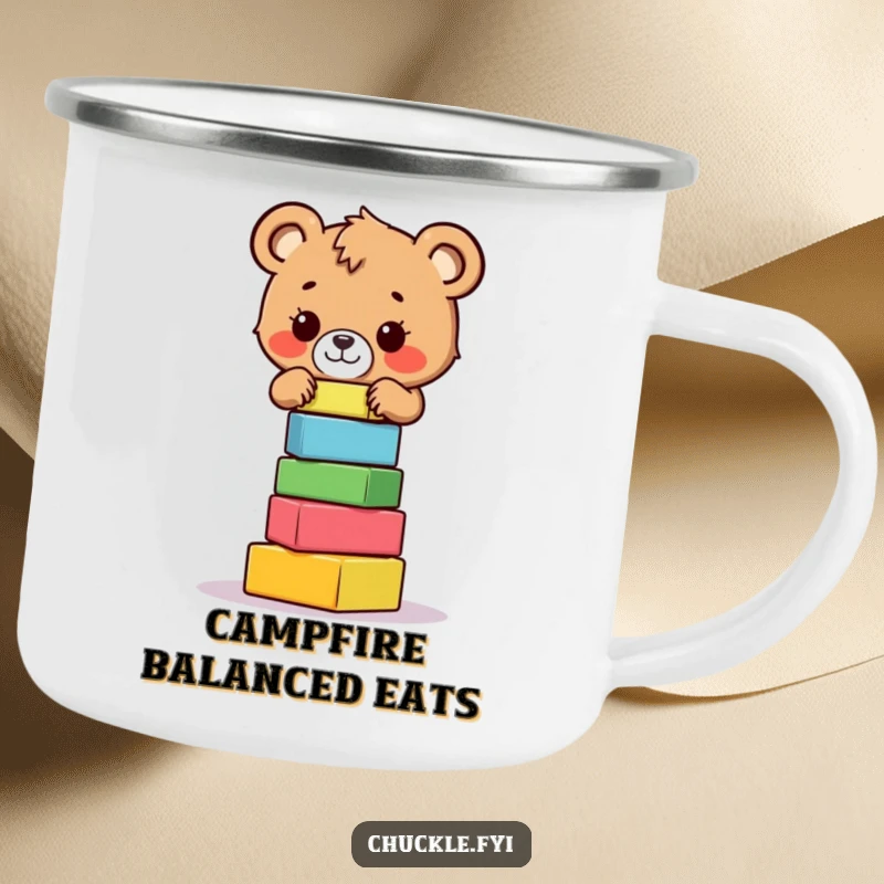 Funny bear cub camping mug showing a brave little bear cub focused on balancing a stack of colorful blocks, ideal for the outdoors.