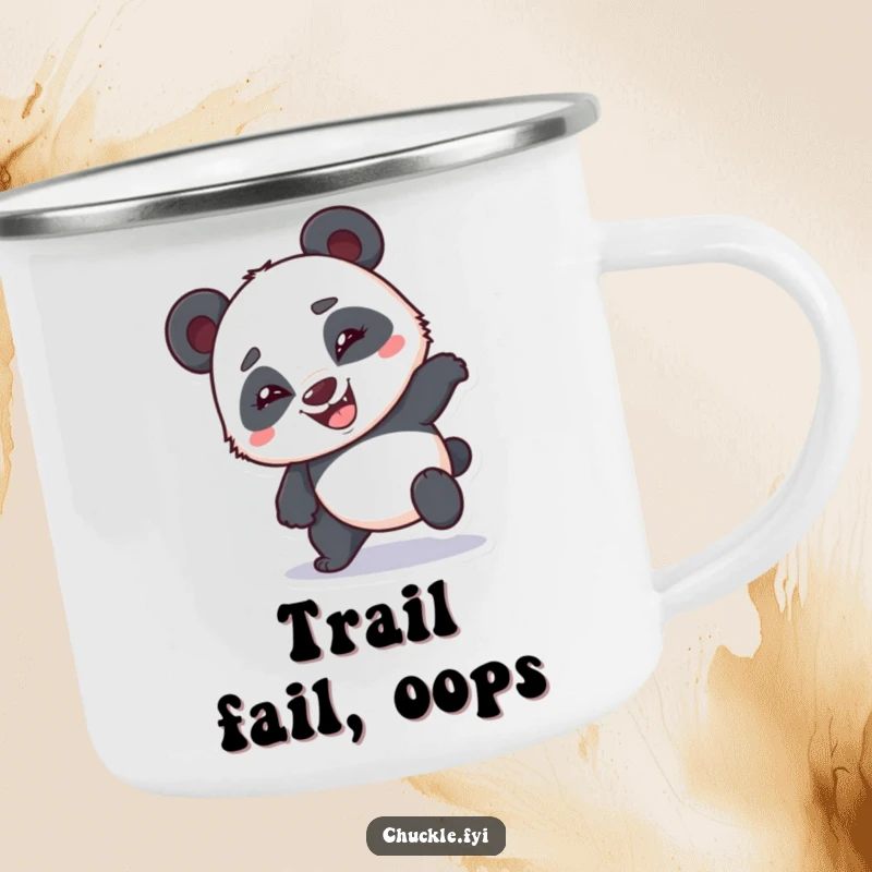 Funny bumbling panda camping mug showing a clumsy panda stumbling with a goofy grin, a rugged funny gift.