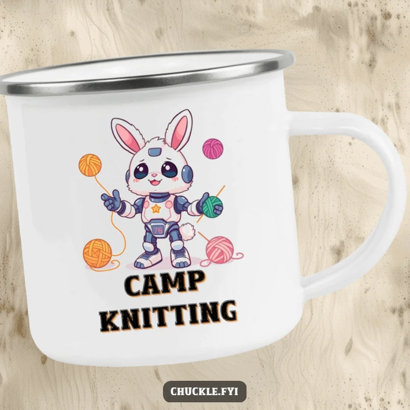 Funny Camping Mug featuring a bunny robot juggling yarn, bringing portable whimsy. Durable and amusing for outdoor enthusiasts.