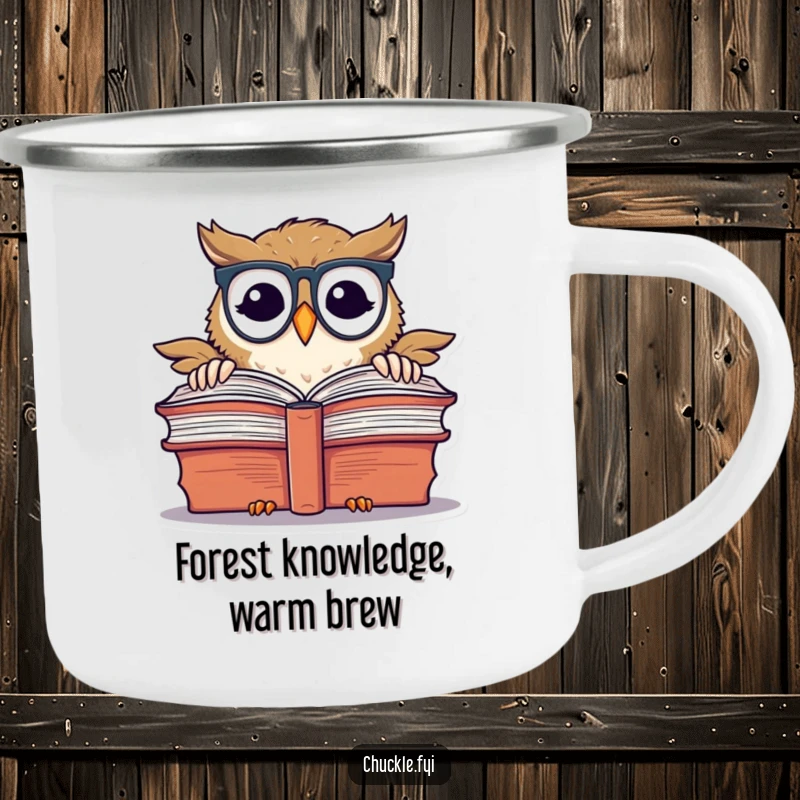 Funny chuckling owl wearing spectacles, peeking over a book, on a camping mug.