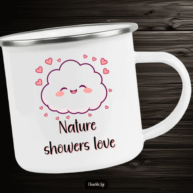 Funny camping mug showing a joyful cloud character raining tiny heart shapes, perfect for sipping while surrounded by nature.