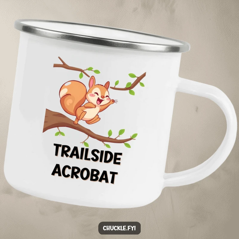 Funny Energetic Squirrel Camping Mug with a squirrel mid-leap, giggling with pure joy, durable and playful gear.