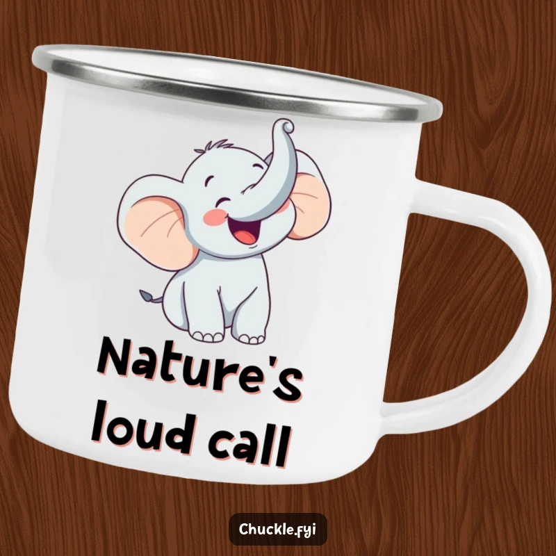 Funny camping mug with a happy elephant character trumpeting with glee, trunk raised high, perfect for campfire joy.