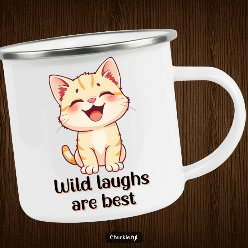Funny camping mug: a happy kitten with perked ears bursting into uncontrollable laughter. Ready for outdoor fun.